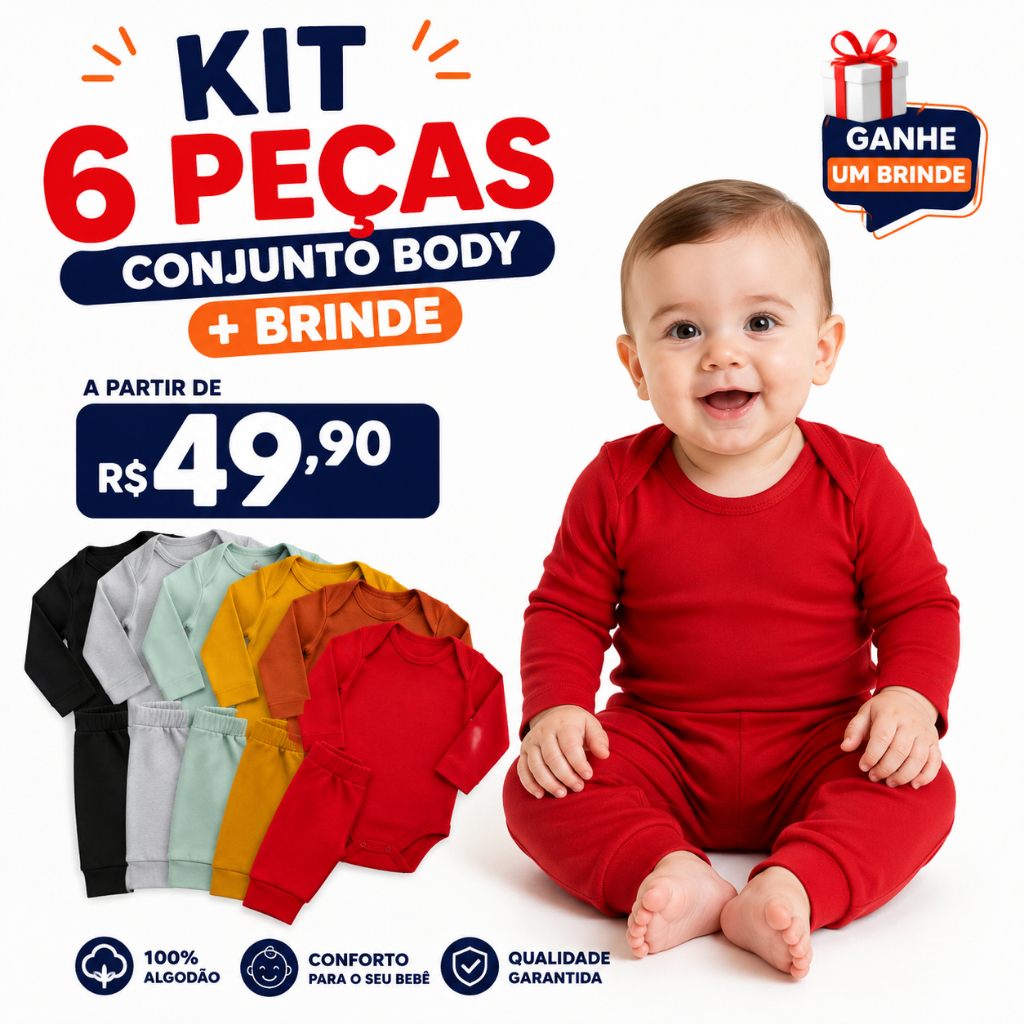 Kit 6 Peças Conjunto Body Com Calça Completo Bebê Quentinho+ Brinde