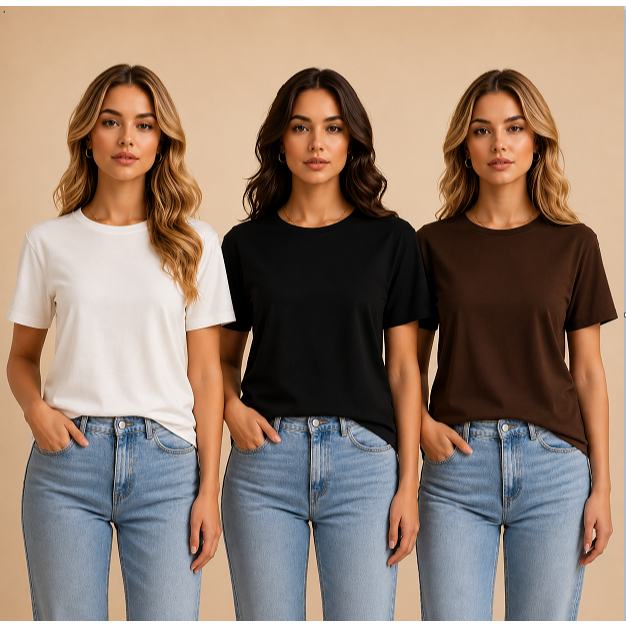 Kit 3 Camisetas Femininas Básicas 100% Algodão | Camiseta Branca Preta Marrom Manga Curta Casual Blusa Moda Feminina