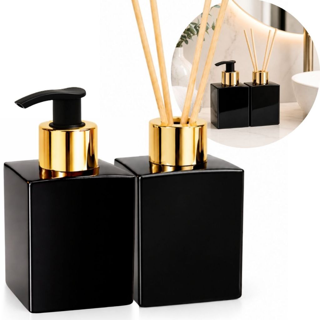 02 Frascos de Vidro Cubo Preto 100ml Para Lavabo Difusor e Saboneteira Luxo + Varetas