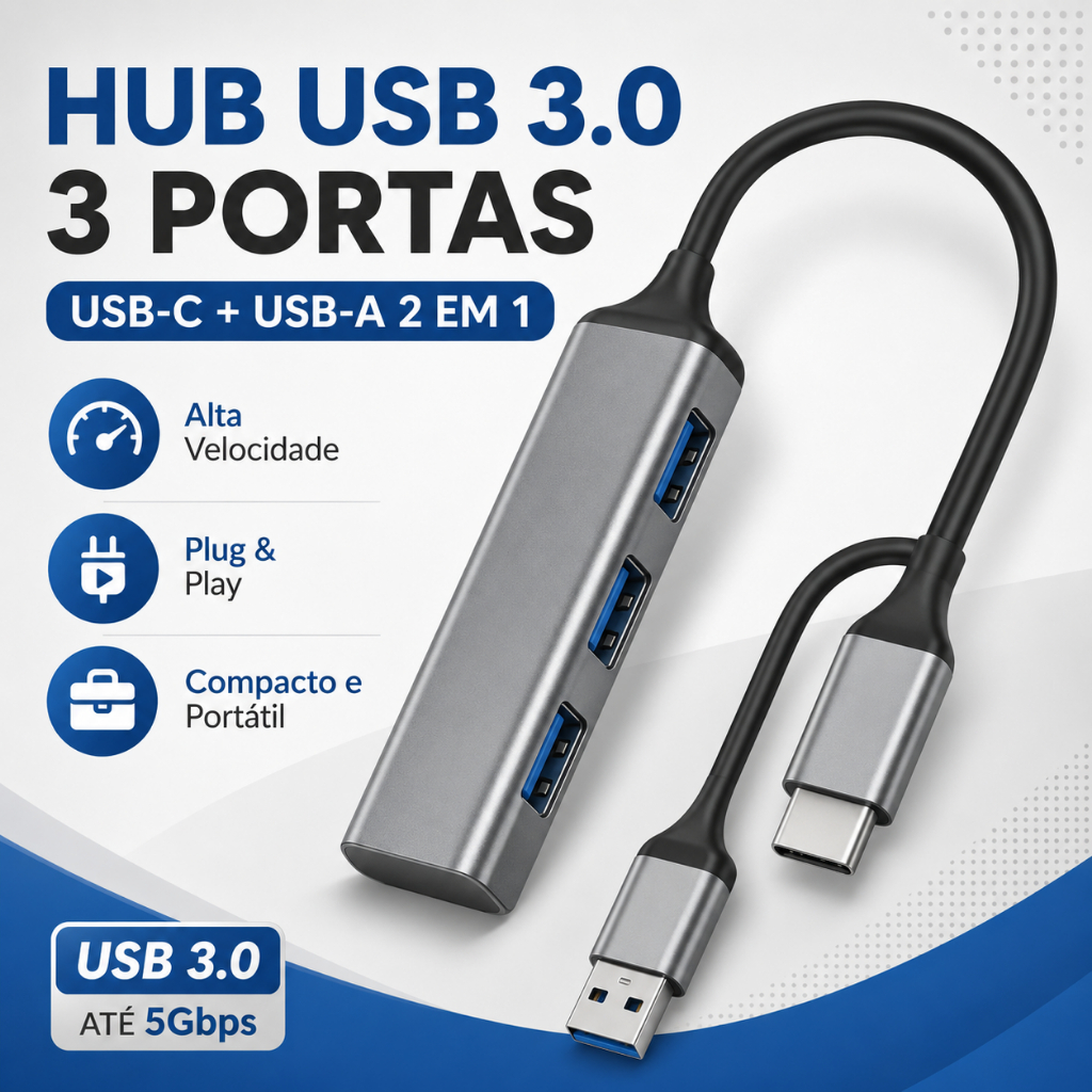 Hub Portátil USB-C 4 Portas USB 3.0 Adaptador Ultra Rápido 5Gbps Notebook, MacBook, Celular e Tablet