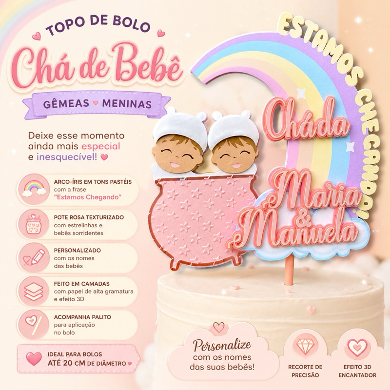 Topo de Bolo Personalizado - Gêmeas - Decoracão - Arco-Iris - Decoração Chá de Bebê - Chá de Bebê Meninas