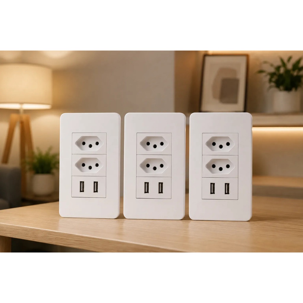 Kit 3 Tomadas Usb Parede Duo Bivolt Dupla Conjunto Carregador Multifuncional Com 2 Entrada USB