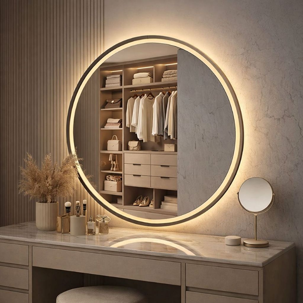 Espelho LED Redondo Touch 3 Cores de Luz Com Desembaçador e Display Digital 80x8