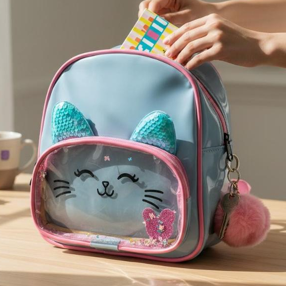Mochila escolar gatinha infantil de menina dois divisórios alça regulavel