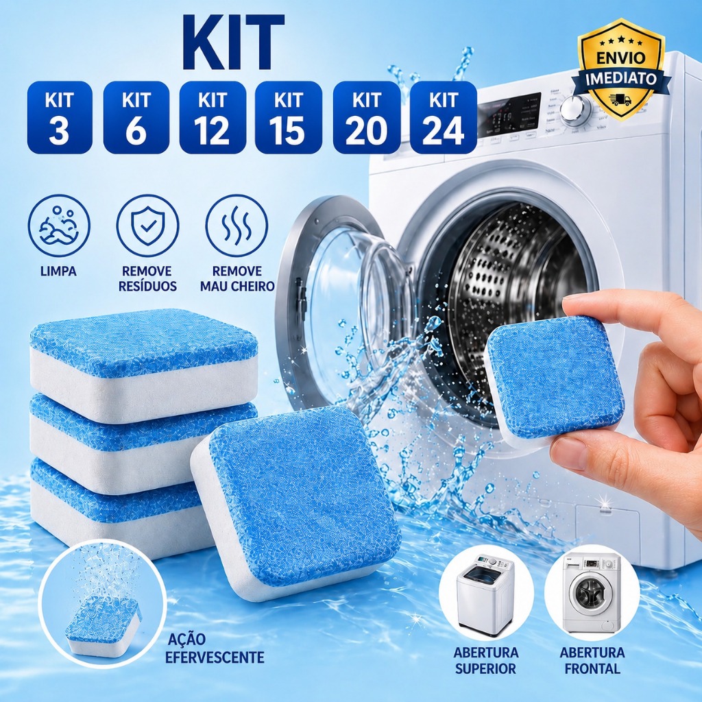 Kit Pastilhas Efervescentes Limpa Máquina de Lavar Roupa Remove Mau Cheiro e Resíduos Higienizador Multifuncional