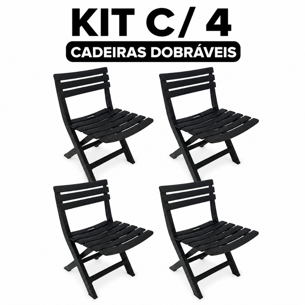 Cadeiras Dobráveis Kit Com 4 Unidades Preto Plástico Resistente Dobrável Área Lazer Jardim