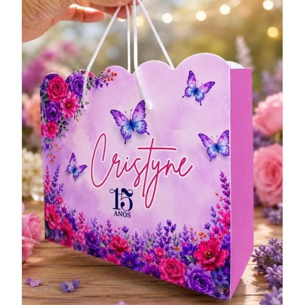 Sacolinhas Personalizadas Jardim Borboletas 15 anos Roxo/Rosa, festas, aniversário e Coleção de várias cores e idades.