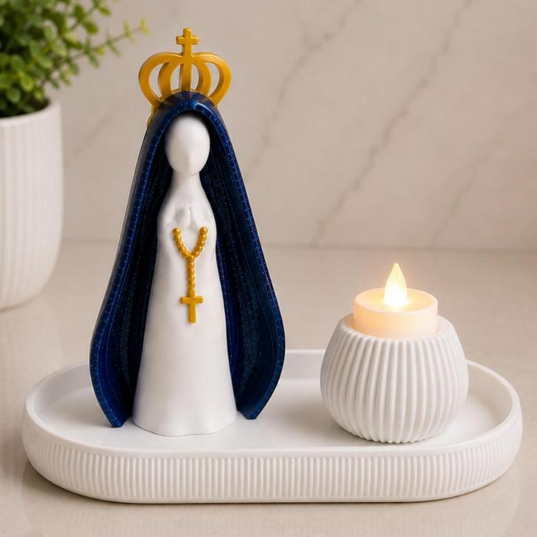 Kit Escultura Nossa Senhora Aparecida Bandeja Vela Coroa Minimalista Decorativa 14cm Quarto Sala Rack Escritório