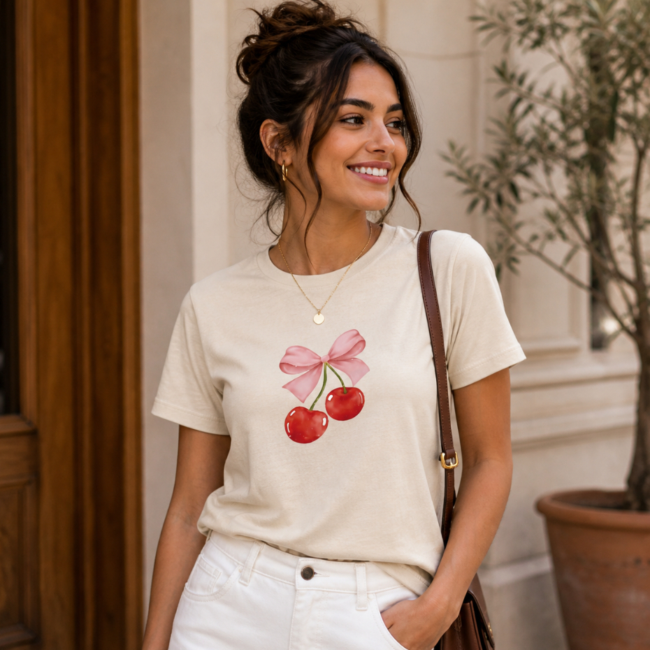 Camiseta Feminina Cereja Laço Estampada Confortável Estilosa - Algodão Premium
