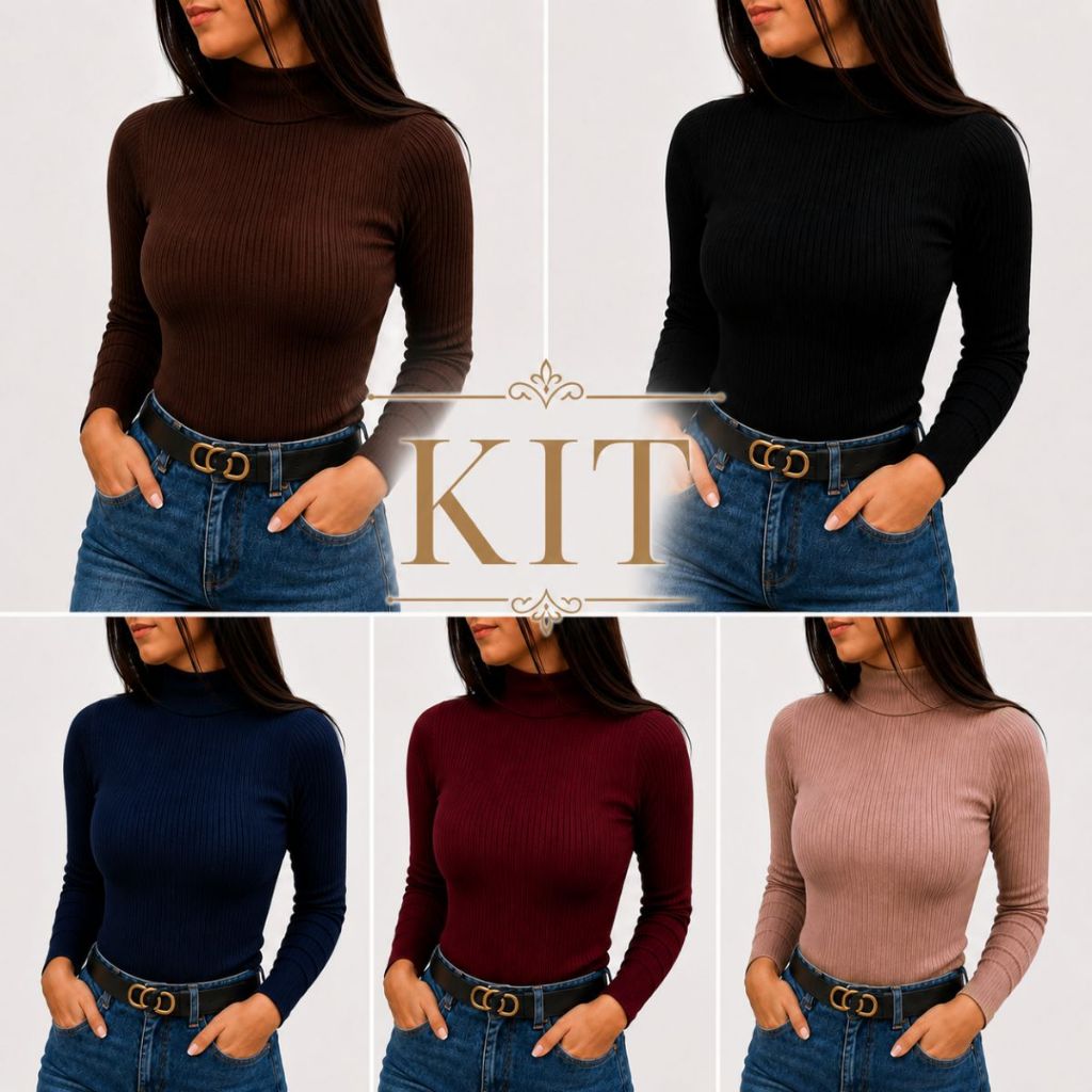 Kit Cacharrel Feminina Tricot Blusa de Frio Segunda Pele Canelada Gola Alta Trico Manga Longa Inverno