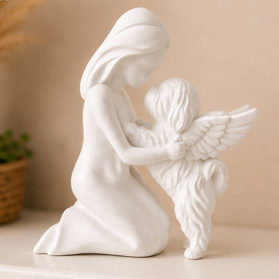 Escultura Mulher e Cachorro Shih Tzu Homenagem Pet Decoração Lembrança amor Eterno