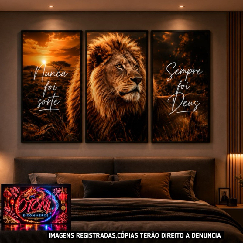 Quadros Decorativos Leão De Judá Religioso Majestoso Nunca Foi Sorte Sempre Foi Deus 3 Peças Decoração