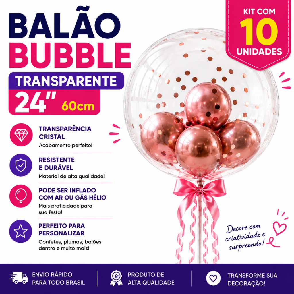 Kit 10 Unidades Balão Bubble Transparente 24 Polegadas Festa Aniversário