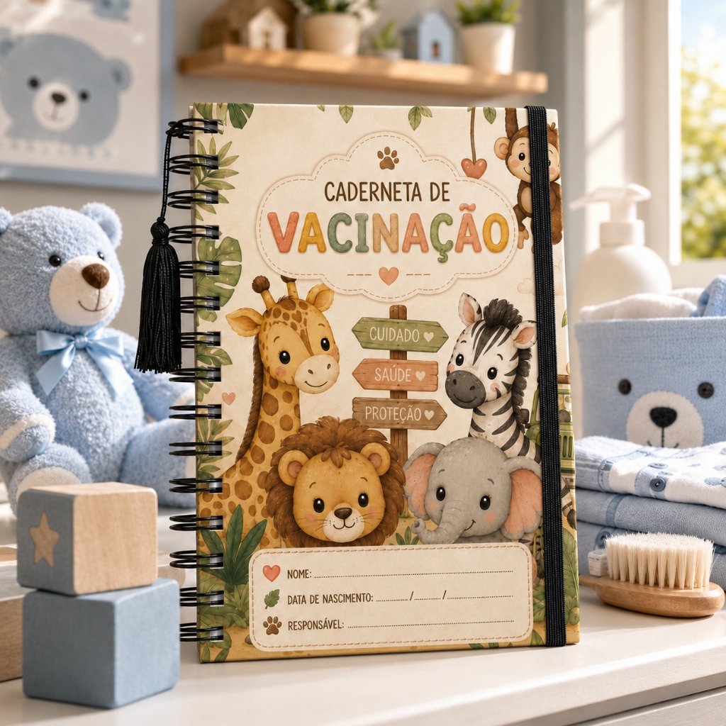 Caderneta Caderno Vacinação Safari Criança Menino Menina Saúde Cuidado Wire-o