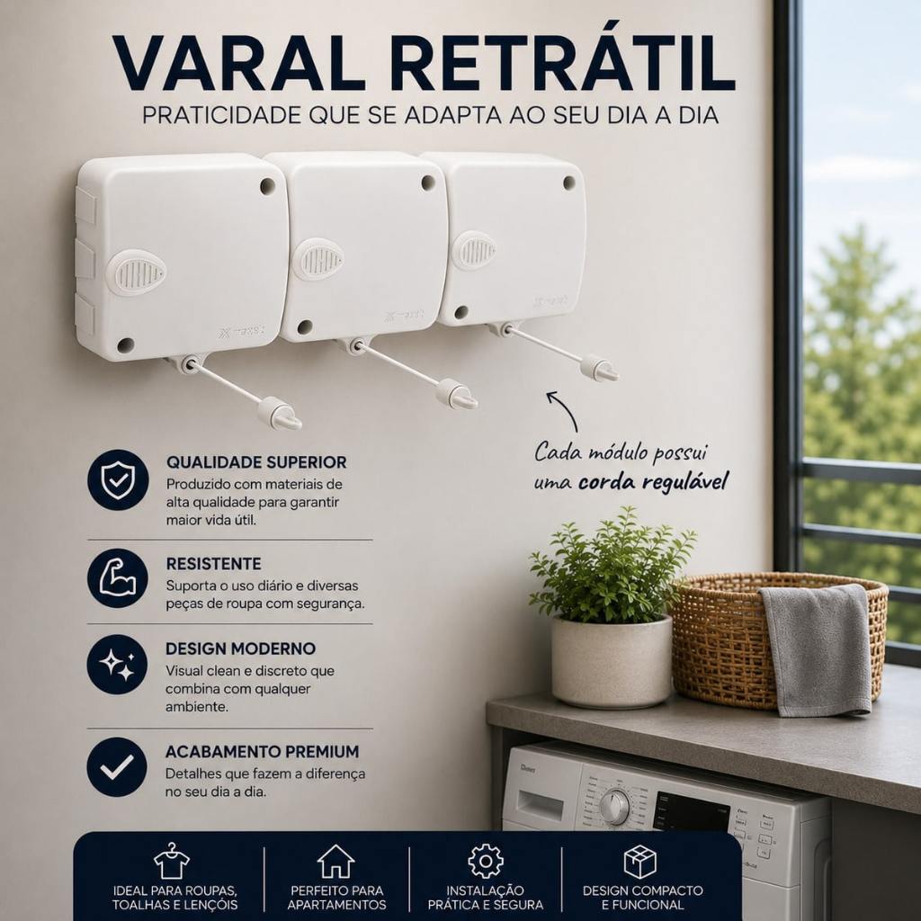 Varal Retrátil Automático Modular de Parede Stendmax Maxeb 6m Cada Corda suporte 6kg cada