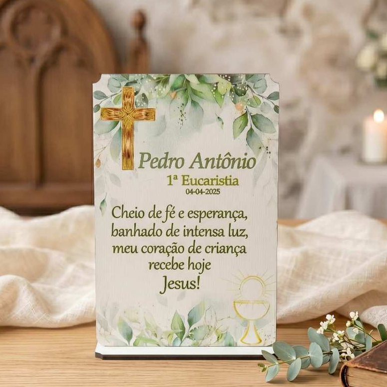 08 Lembrancinha Primeira Comunhão Eucaristia Crisma igreja oração Em Mdf personalizada com decoração calice cruz