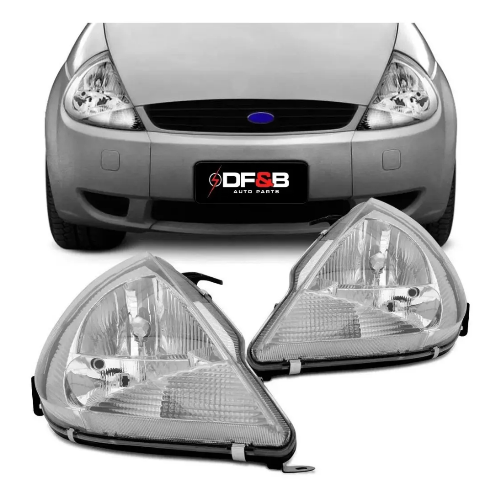 Farol Ford Ka 1997 a 2007 Máscara Cromada com Pisca Cristal Lente Lisa Acrílico
