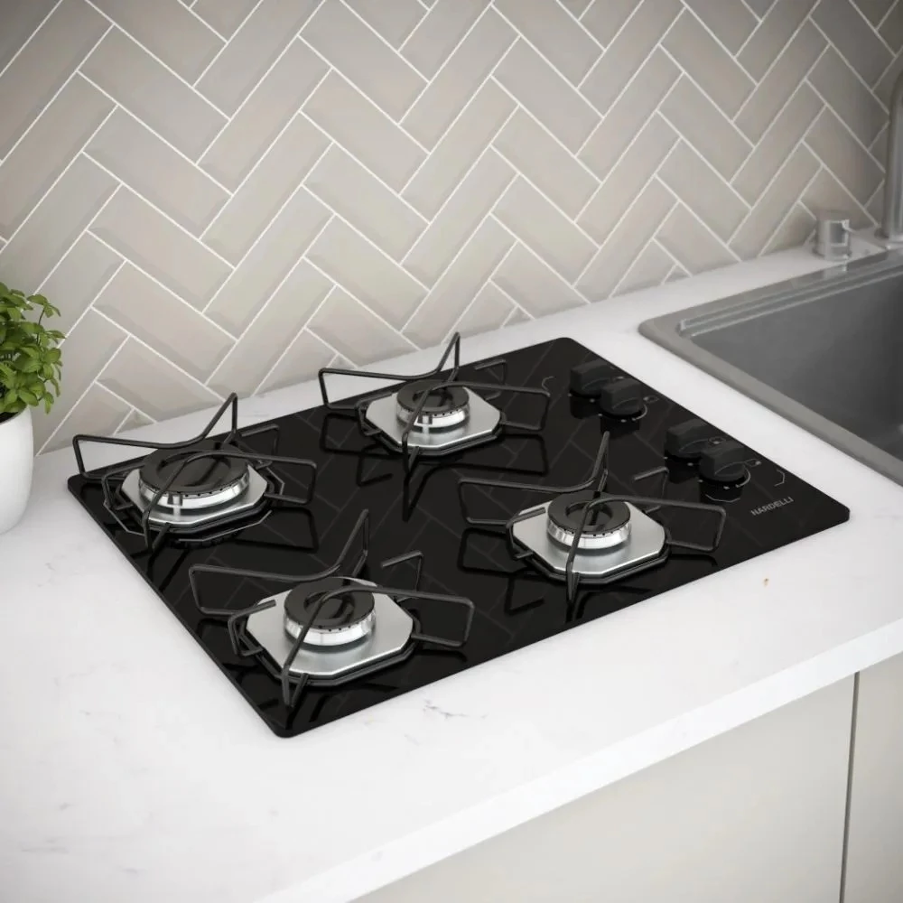 Fogão Cooktop Fogatti à Gás Ori 4 Bocas Vidro Preto Flange Inox Bivolt - Acendimento automático