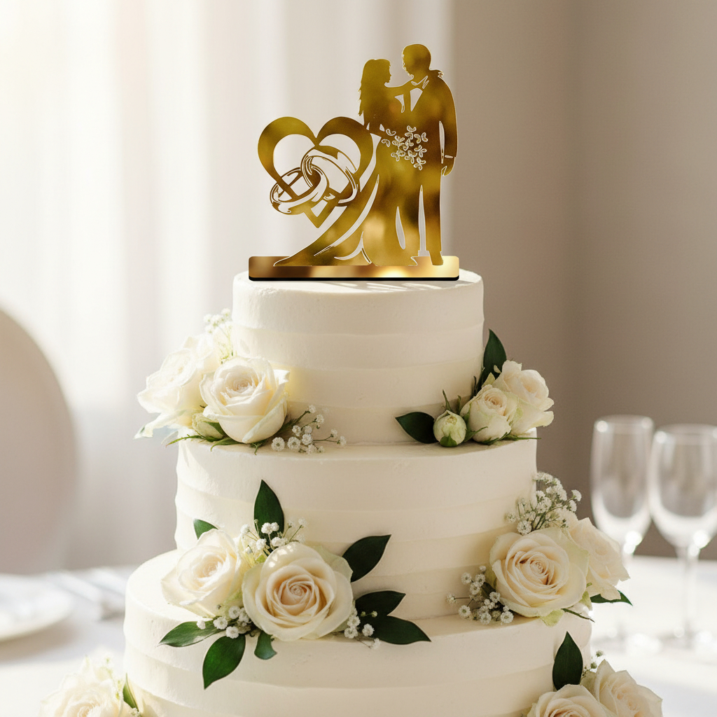Topo de Bolo Noivinhos Coração Aliança Acrílico Espelhado ou Leitoso Topo 16X17 Casamento