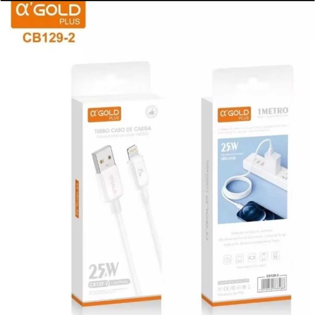 Cabo Turbo A’Gold Lightning 25W CB129-2 | 1 Metro | Carregamento Rápido e Seguro | Original e Resistente p/ iPhone