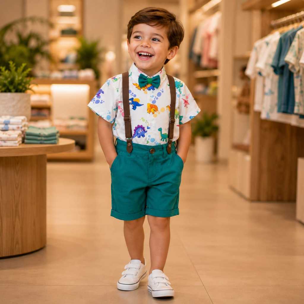 Conjunto Menino Infantil Luxo Temático Dino Baby +Bermuda Verde RF03