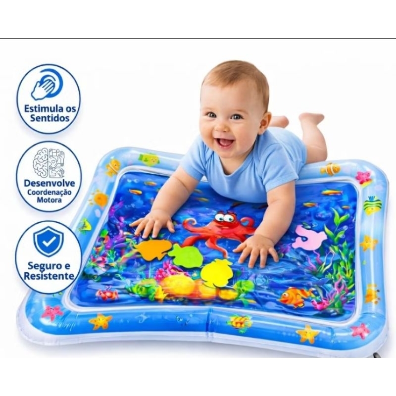 Tapete Tummy Time de Água Inflável Bebê Sensorial Aquático | Brinquedo Educativo Montessori Desenvolvimento Infantil