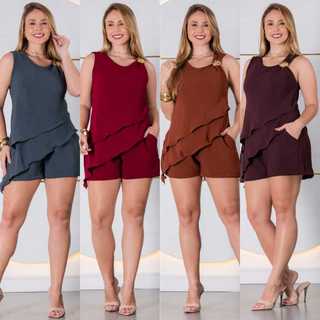 Conjunto feminina  Assimétrica e Short em Tecido Duna com Fivela Dourada e  Elegante M,G e GG