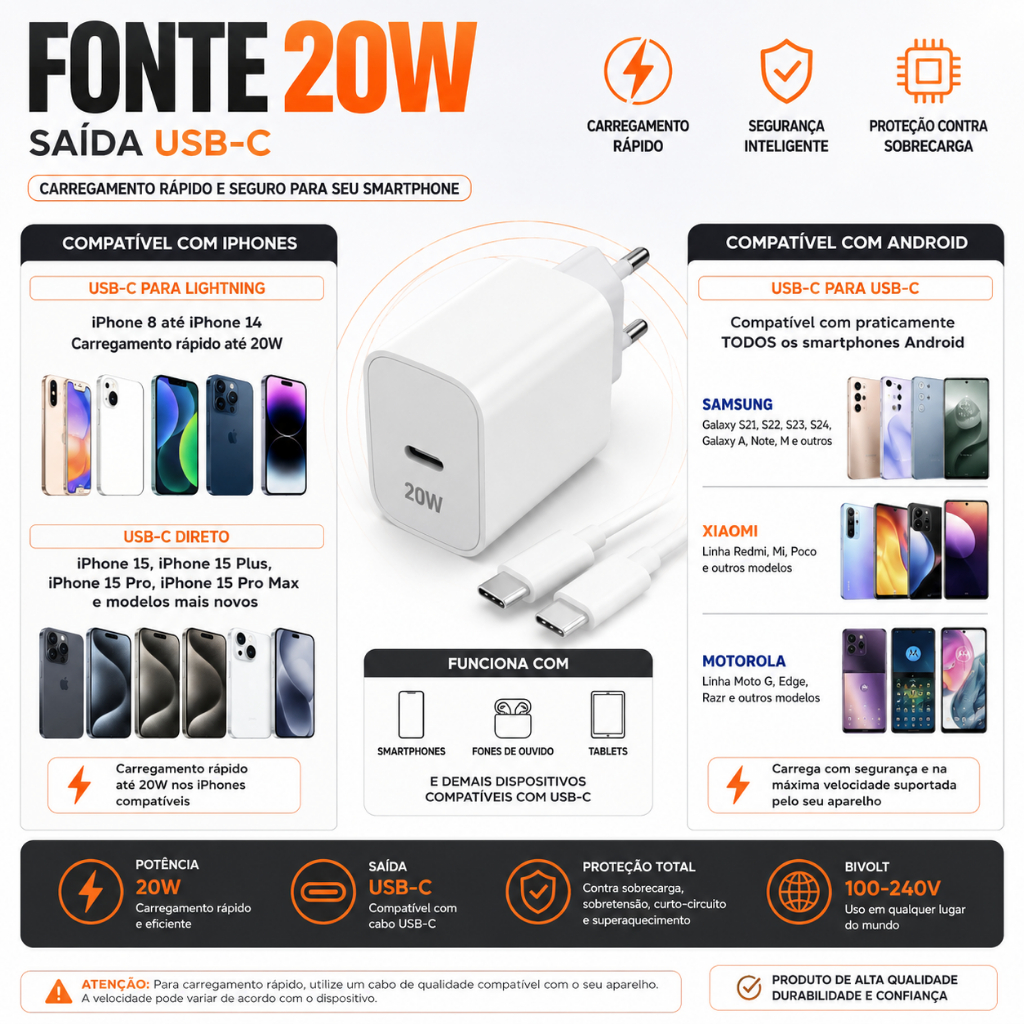 Fonte Carregador Turbo 20W Tipo USB-C Compatível C/ Motorola/ Xiaomi / iPhone 8 
