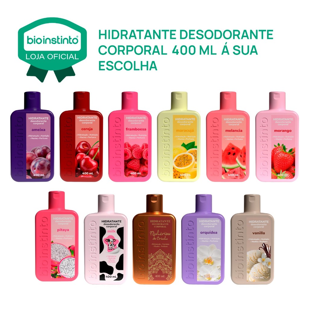 01 UN Hidratante Corporal Bio Instinto 400ml Nutrição maciez Frutas e Aromas Especiais Lançamento