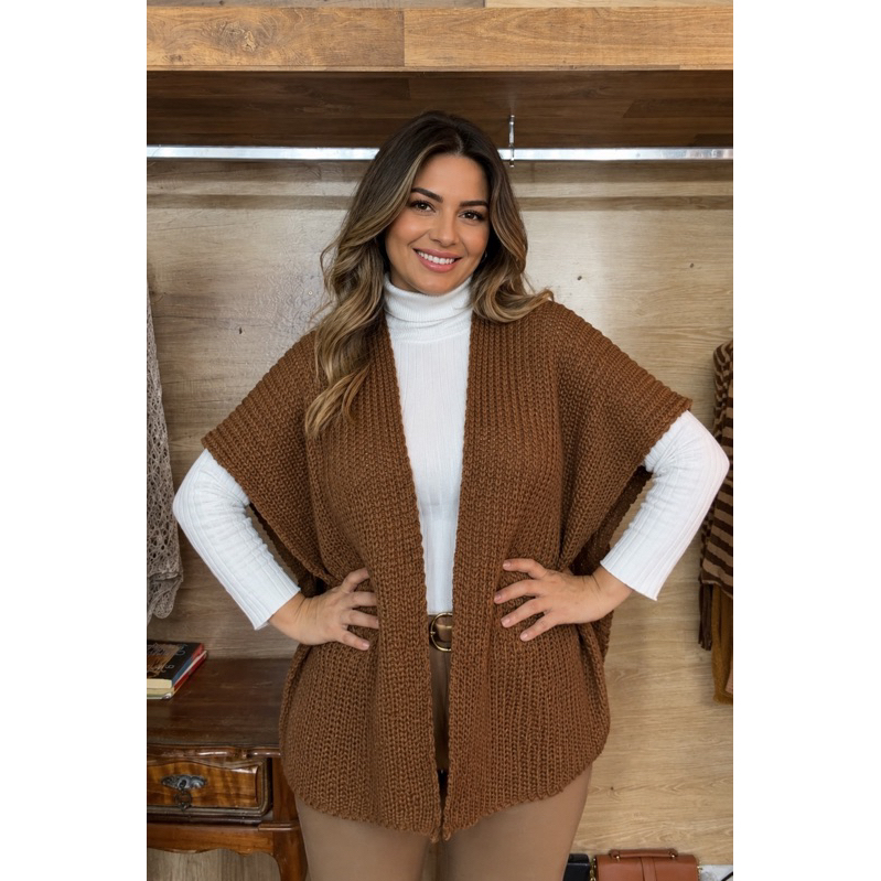 Capa Manta Poncho tricot Terceira Peça Estilosa Versátil Chique