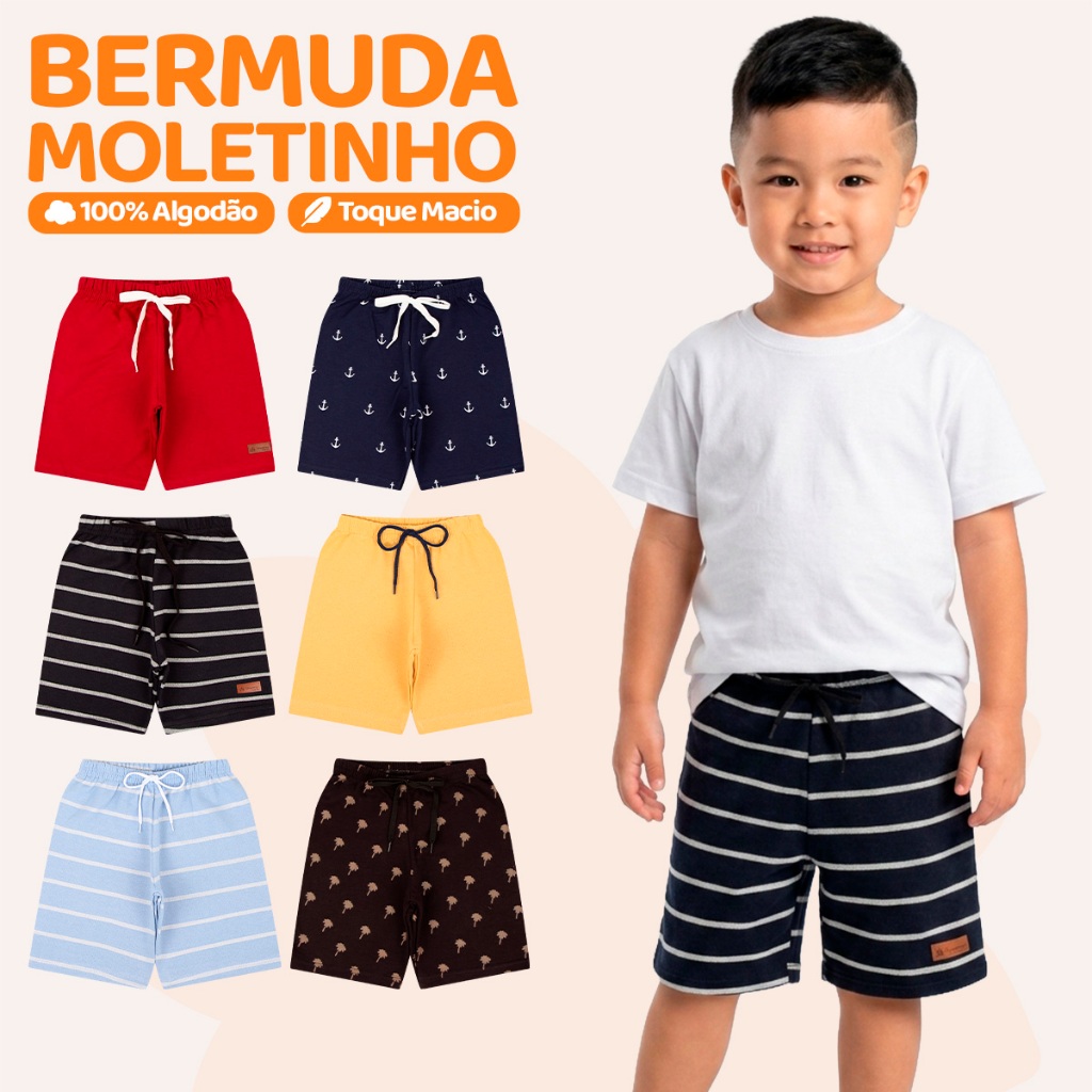 Kit 4 ou 6 Bermudas Infantil Menino Infantil Moletinho em Algodão Moda Casual Bá
