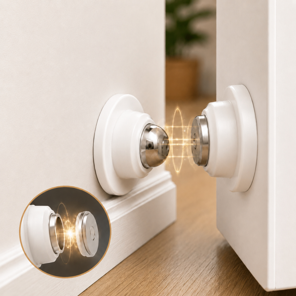Prendedor Trava Magnética de Porta Forte Anti Impacto Sem Barulho com Adesivo ou Parafuso Inox Branco
