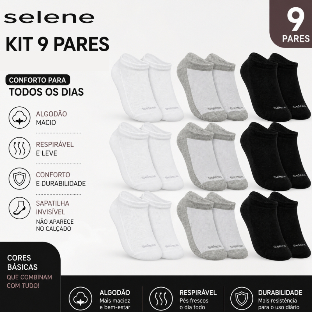 Kit 9X Pares Meia Sapatilha Invisível Selene Ref 4825 Confortável Respirável