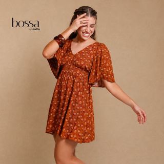 Lovito Bossa Vestido Curto Feminino em Viscose Estampada Com Mangas Evazê Ampla DRB16751705