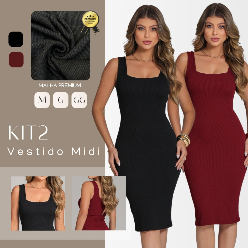 Kit 2 Vestido Feminino Midi Modelador Decote Quadrado Acinturado Tubinho Alta Compressão M, G, GG