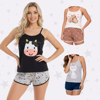 Pijama Baby Doll Conjunto Feminino Malha Leve Blusa e Short Capivara Vaquinha Confortável Promoção
