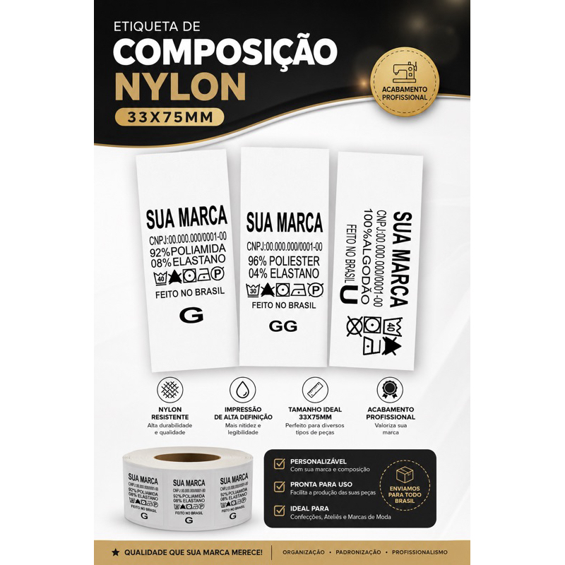 Etiqueta de Composição Nylon 33x75mm Personalizada | Alta Definição | Composição, Cuidados e Logo da Marca