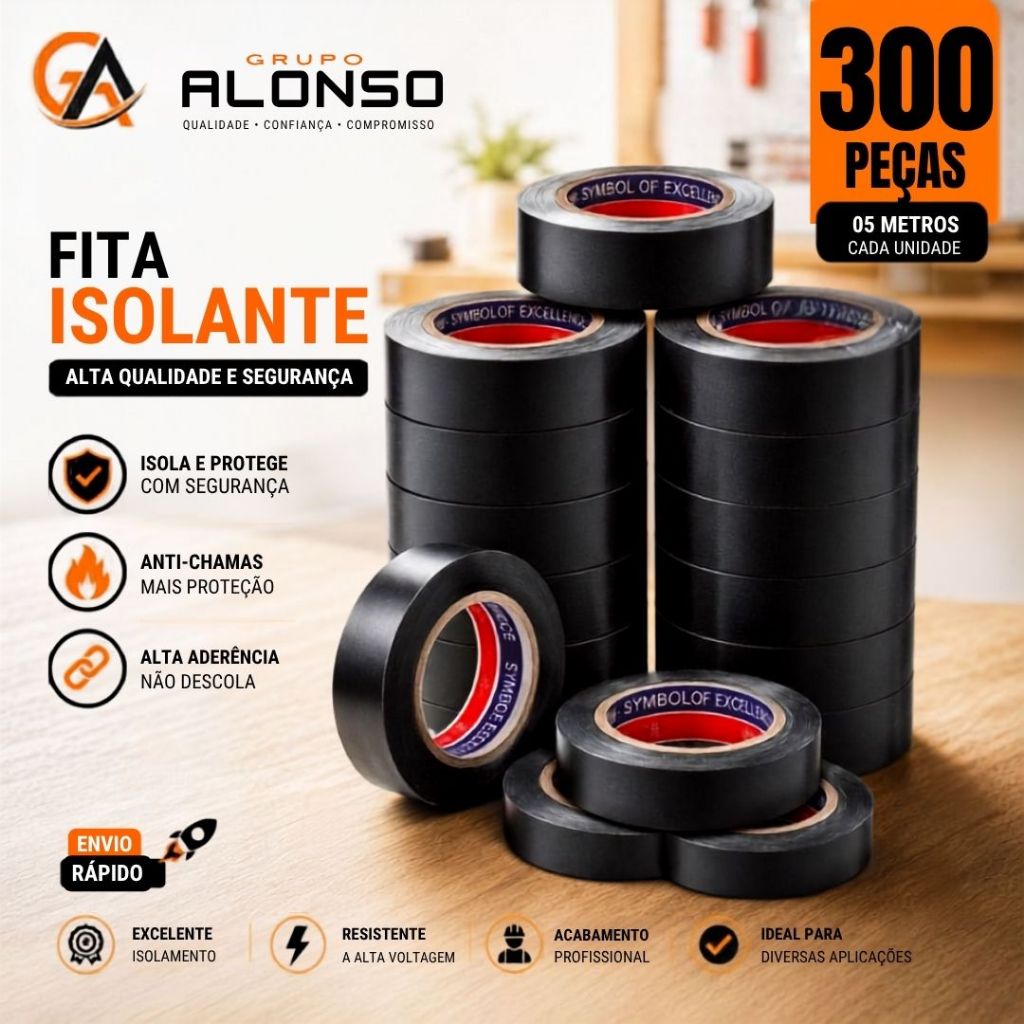 Kit 300/250/200 Fita Isolante Preta Antichamas 5 Metros Alta Resistência para Serviços Elétricas