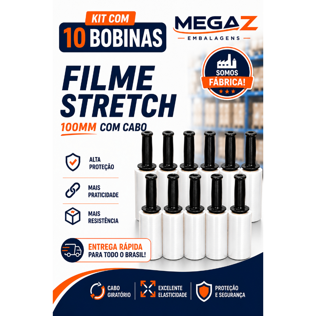 10 Rolos Filme Stretch C/ Cabo Aplicador (10cm) 100 Metros cada bobina - Ecommerce/Marcenaria/Móveis