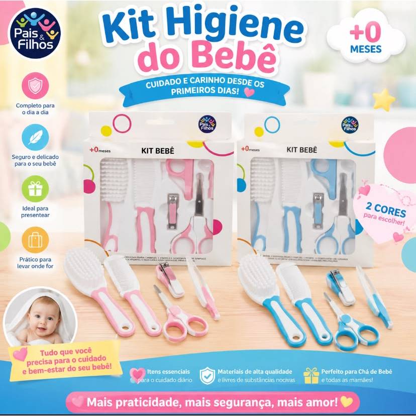 kit higiene infantil - Escova de cabelo, pente, cortador de unha, tesoura com capa de proteção