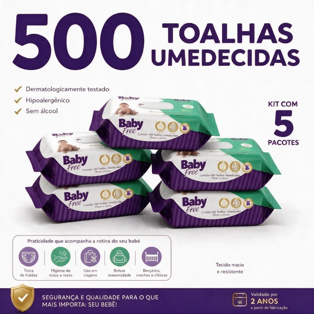 Kit 05 pacotes de Toalhas Umedecidas/ Lenços  Baby free c/100- (sem tampa flip-top) — imagem 1
