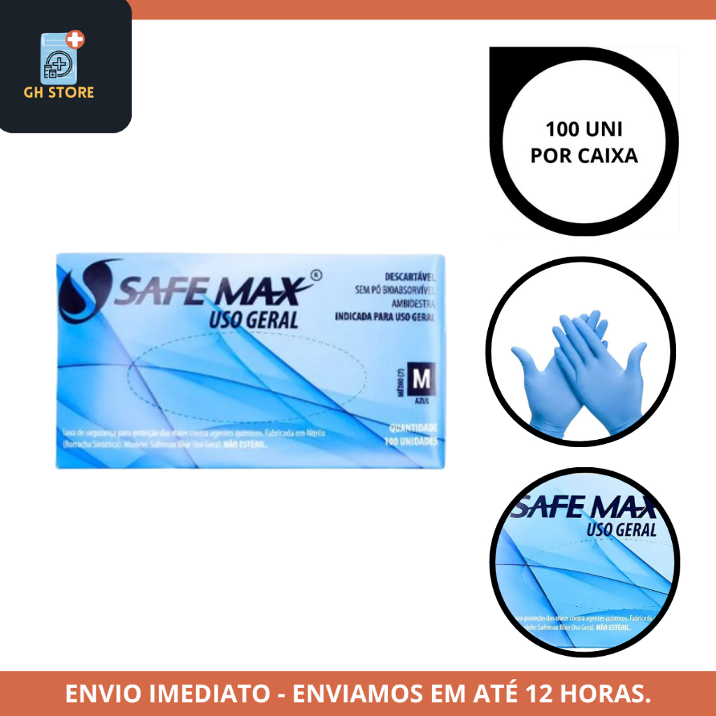 KIT 10CX Luva Nitrilica Blue Safemax Caixa C/100 Uni Procedimento estético, odonto, saúde Azul - Supermax