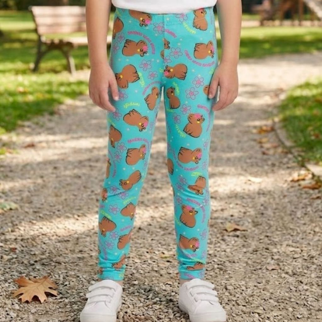 Legging Infantil Menina Sortidas Estampada Verde Tiffany Cintura Elástica Confortável Roupa Juvenil Moda Casual