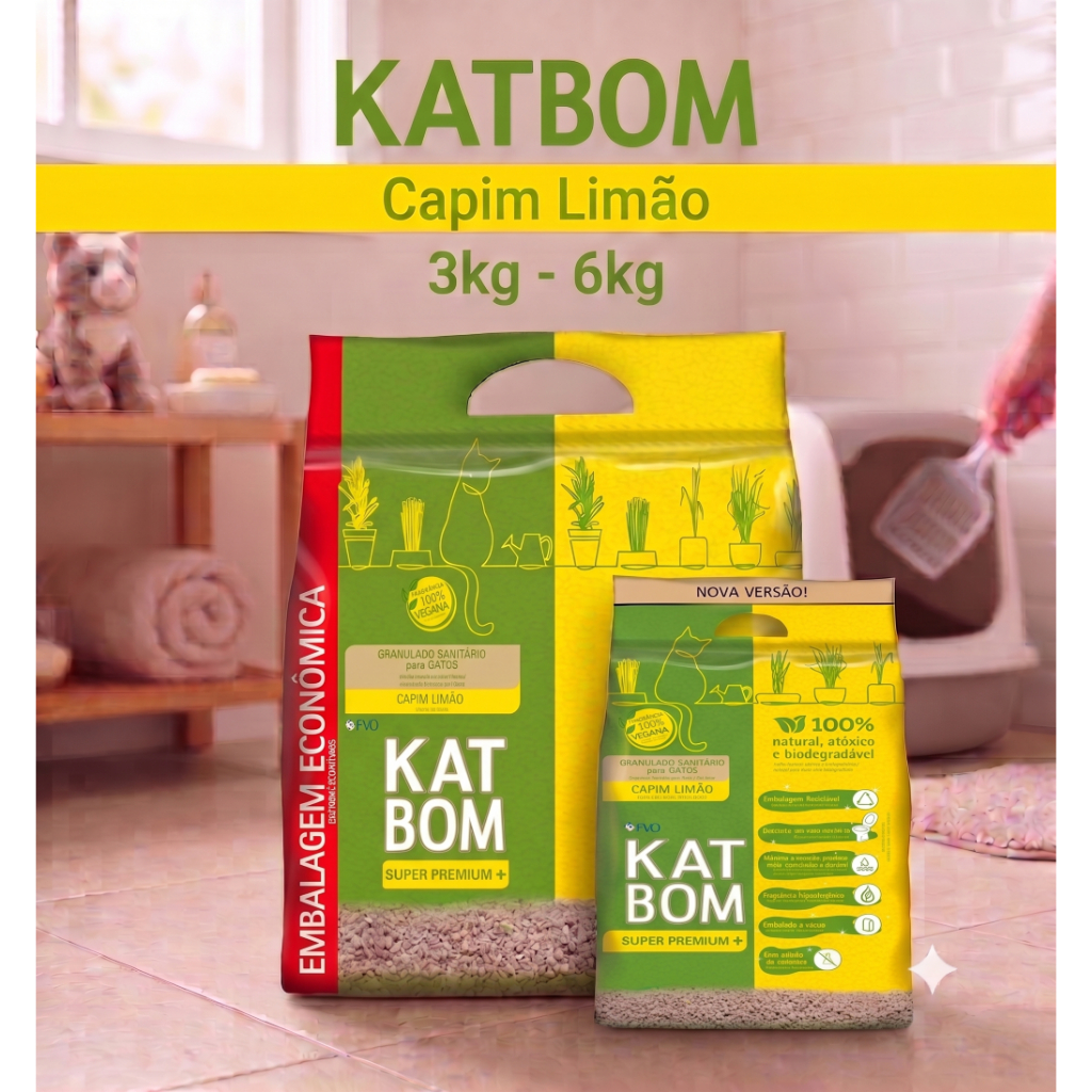 Granulado Sanitário Katbom Capim Limão Gatos Higiênico Areia Biodegradável 6Kg/3kg