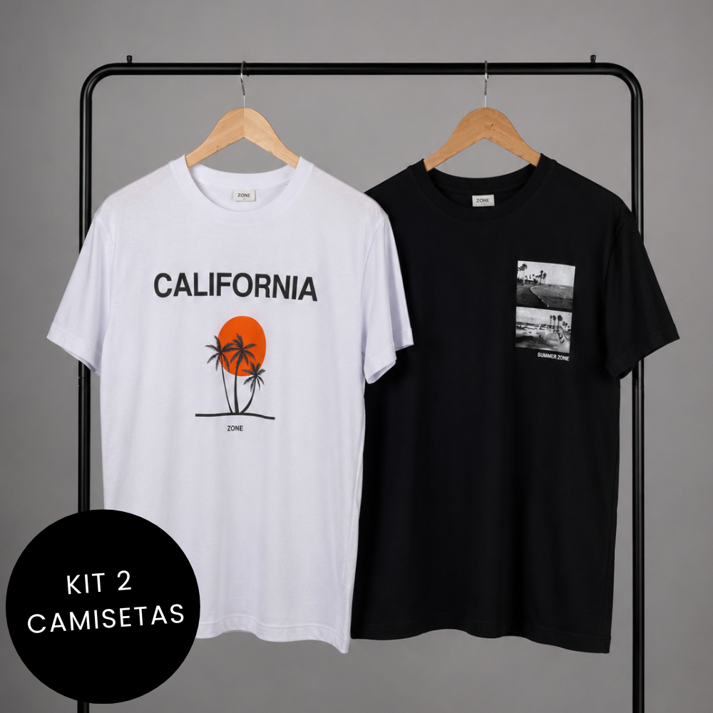 Kit 2 Camisetas 100% Algodão Masculinas Estampadas California e Summer Zone Camisa Blusa Branca e Preta marca ZONE