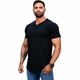 Camiseta Blusa Long Manga Curta Gola V Masculina Swag Longline Lisa Algodão