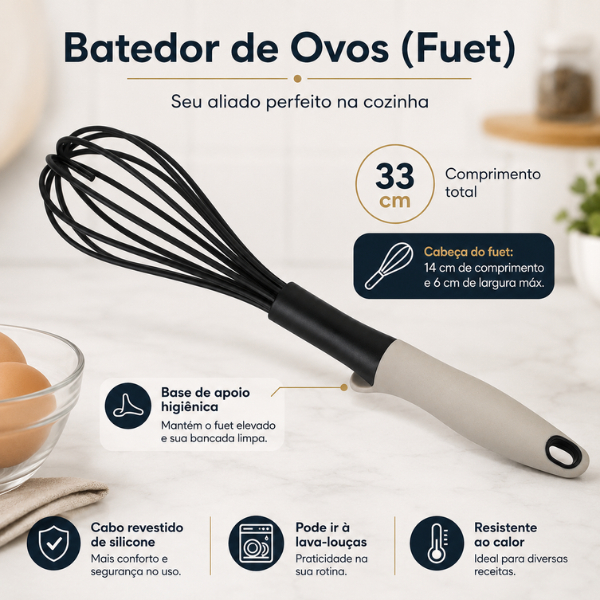 Batedor de Ovos Fuet 33 cm Nylon com Cabo de Silicone e Base de Apoio