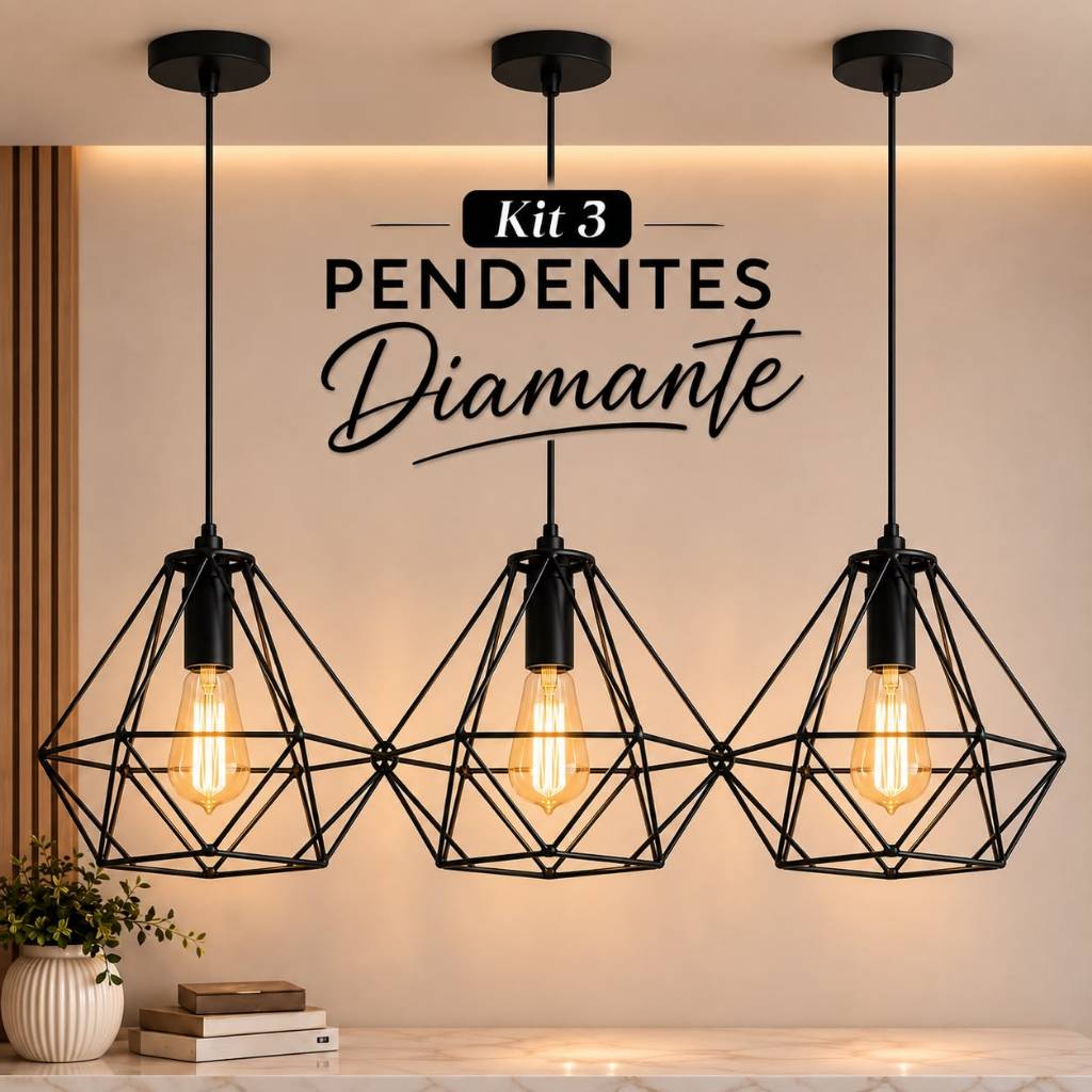 Kit 3 Pendentes Diamante Dourado E27 | Lustre Aramado Moderno em Aço com Pintura Eletrostática