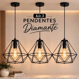 Kit 3 Pendentes Diamante Dourado E27 | Lustre Aramado Moderno em Aço com Pintura Eletrostática