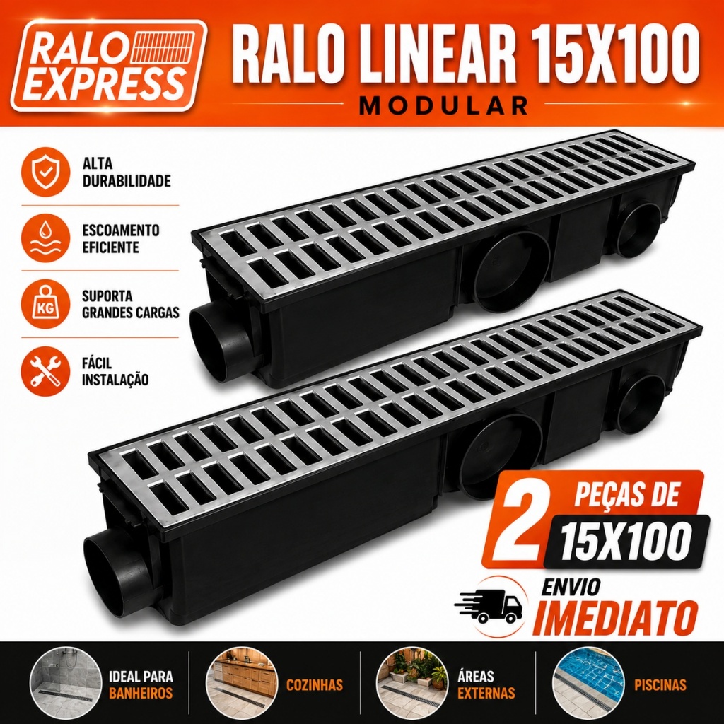 Ralo Linear 15x100 Modular Grelha Alumínio Coletor 2 Pecas